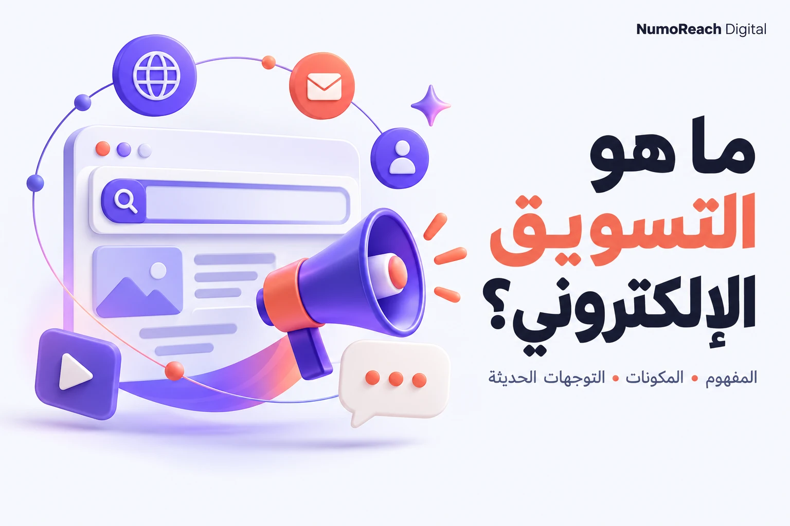 غلاف دليل ما هو التسويق الإلكتروني؟ يوضح البحث والإعلانات والمحتوى والتواصل بألوان NumoReach Digital